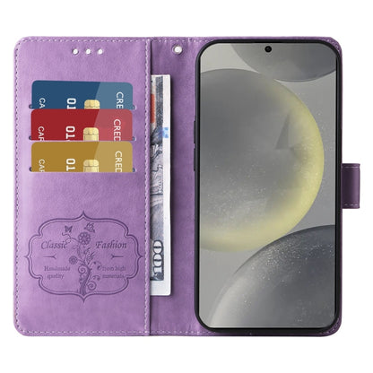 For Samsung Galaxy S25 5G Embossed Butterfly Flowers Leather Phone Case(Purple) by buy2fix