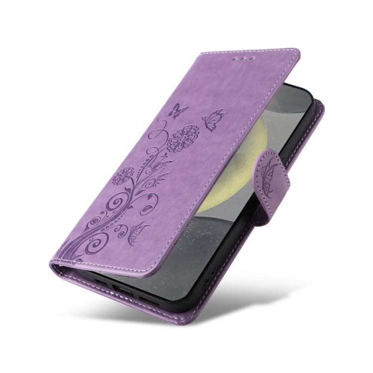 For Samsung Galaxy S25 5G Embossed Butterfly Flowers Leather Phone Case(Purple) by buy2fix