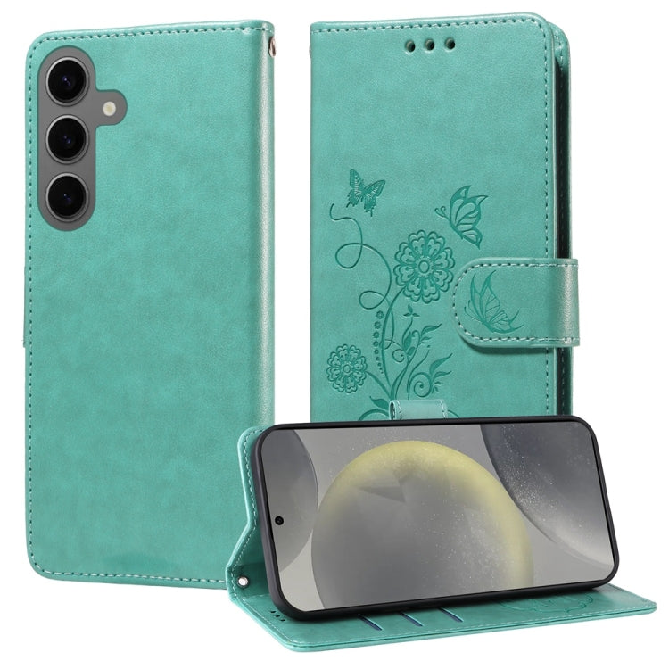 For Samsung Galaxy S25 5G Embossed Butterfly Flowers Leather Phone Case(Green) - Galaxy S25 5G Cases by buy2fix | Online Shopping UK | buy2fix