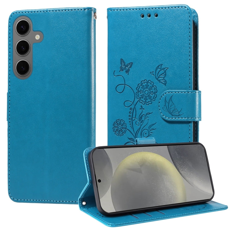 For Samsung Galaxy S25 5G Embossed Butterfly Flowers Leather Phone Case(Blue) - Galaxy S25 5G Cases by buy2fix | Online Shopping UK | buy2fix