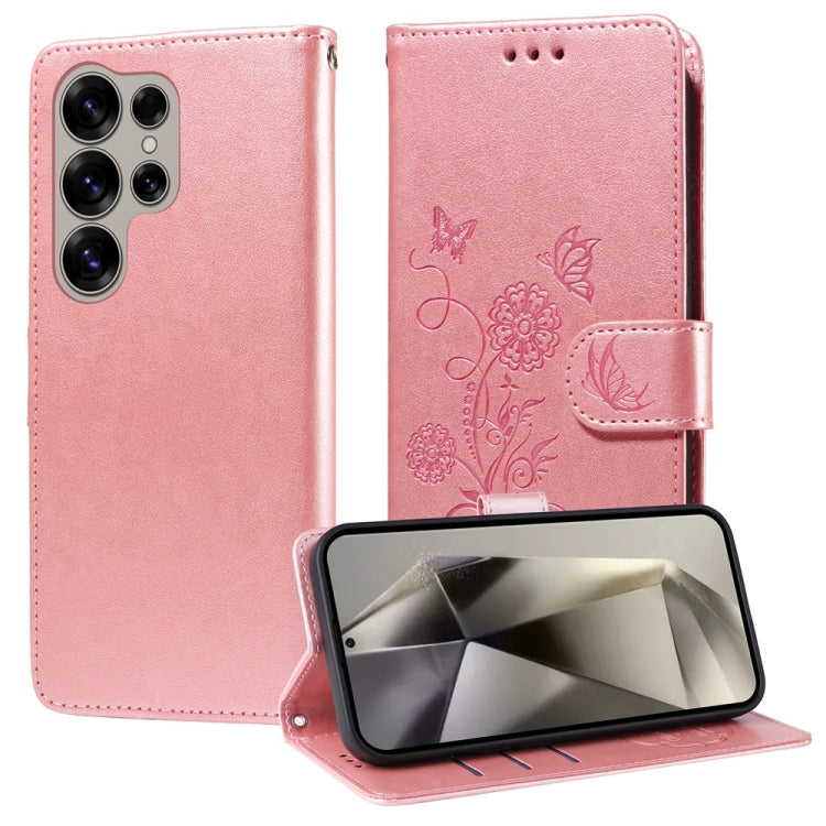 For Samsung Galaxy S25 Ultra 5G Embossed Butterfly Flowers Leather Phone Case(Rose Gold) by buy2fix