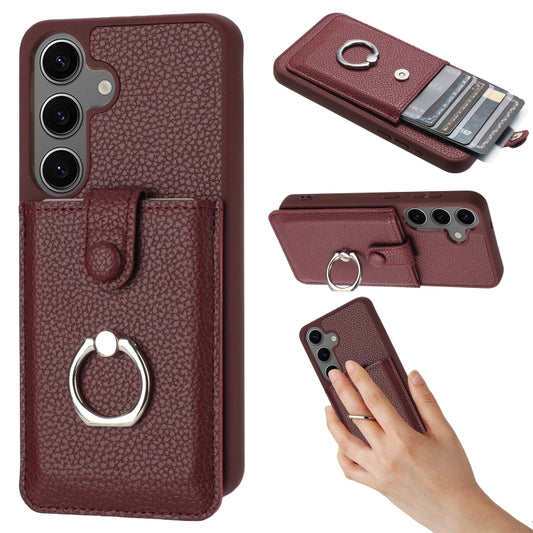 For Samsung Galaxy S25 5G Litchi Texture Drawing Card Bag Ring Holder Phone Case(Wine Red) by buy2fix