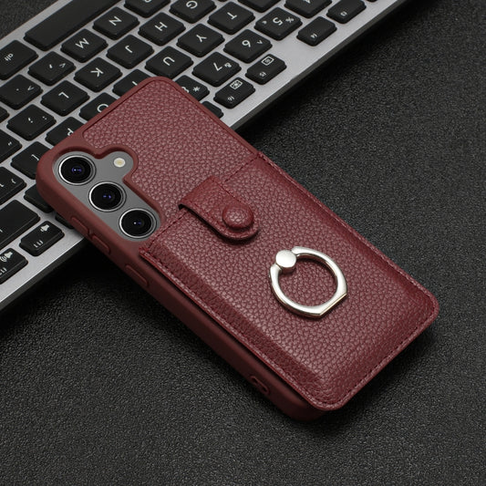 For Samsung Galaxy S25 5G Litchi Texture Drawing Card Bag Ring Holder Phone Case(Wine Red) by buy2fix