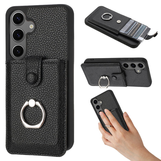 For Samsung Galaxy S25 5G Litchi Texture Drawing Card Bag Ring Holder Phone Case(Black) by buy2fix