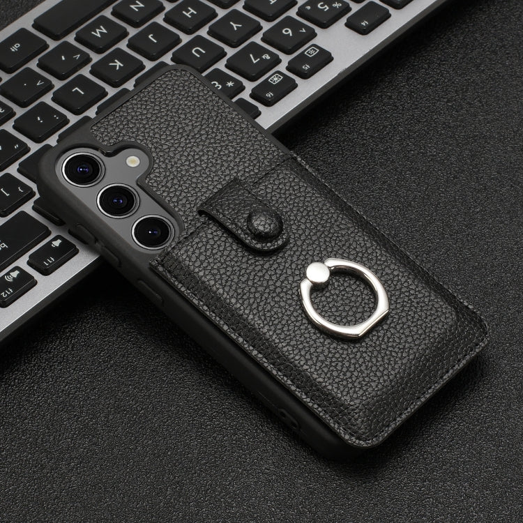 For Samsung Galaxy S25 5G Litchi Texture Drawing Card Bag Ring Holder Phone Case(Black) by buy2fix