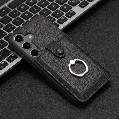 For Samsung Galaxy S25 5G Litchi Texture Drawing Card Bag Ring Holder Phone Case(Black) by buy2fix