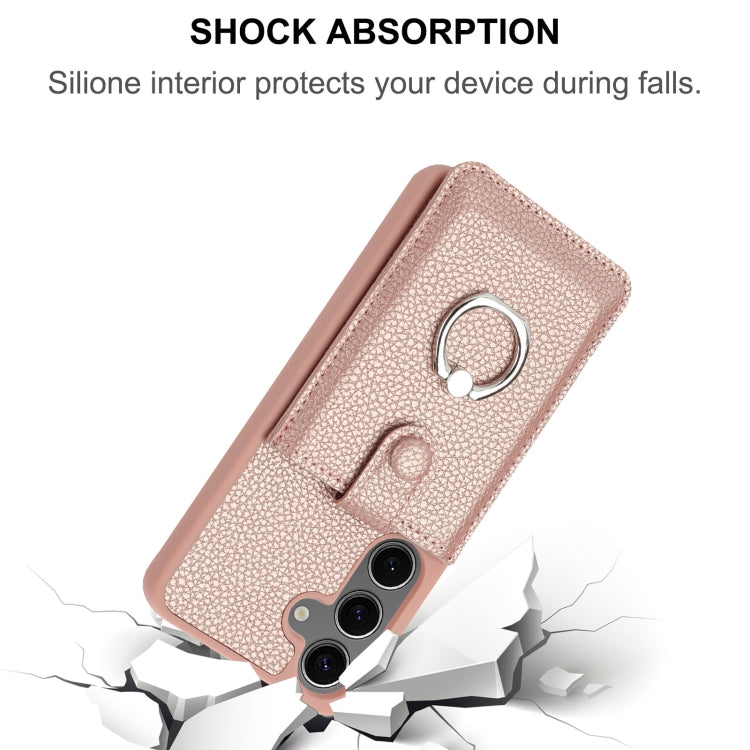 For Samsung Galaxy S25 5G Litchi Texture Drawing Card Bag Ring Holder Phone Case(Black) by buy2fix