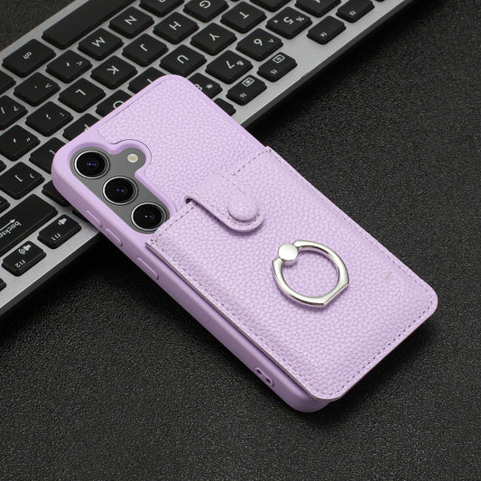 For Samsung Galaxy S25 5G Litchi Texture Drawing Card Bag Ring Holder Phone Case(Purple) by buy2fix