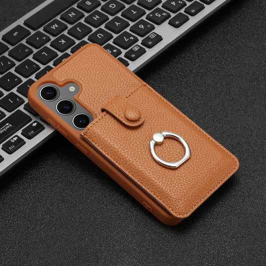For Samsung Galaxy S25+ 5G Litchi Texture Drawing Card Bag Ring Holder Phone Case(Brown) by buy2fix