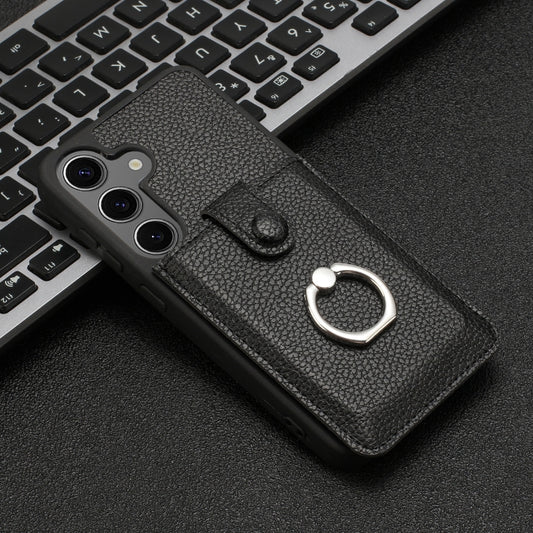 For Samsung Galaxy S25+ 5G Litchi Texture Drawing Card Bag Ring Holder Phone Case(Black) by buy2fix