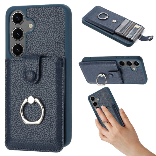 For Samsung Galaxy S25+ 5G Litchi Texture Drawing Card Bag Ring Holder Phone Case(Blue) by buy2fix