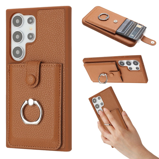 For Samsung Galaxy S25 Ultra 5G Litchi Texture Drawing Card Bag Ring Holder Phone Case(Brown) by buy2fix