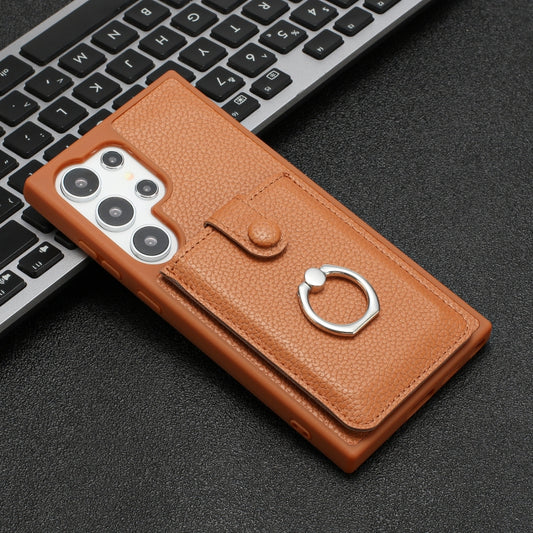 For Samsung Galaxy S25 Ultra 5G Litchi Texture Drawing Card Bag Ring Holder Phone Case(Brown) by buy2fix