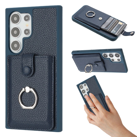 For Samsung Galaxy S25 Ultra 5G Litchi Texture Drawing Card Bag Ring Holder Phone Case(Blue) by buy2fix