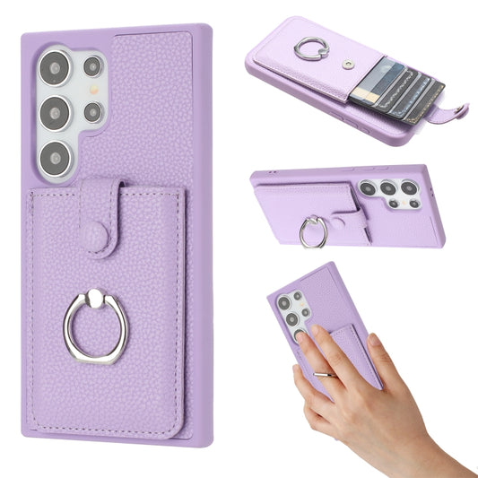 For Samsung Galaxy S25 Ultra 5G Litchi Texture Drawing Card Bag Ring Holder Phone Case(Purple) by buy2fix