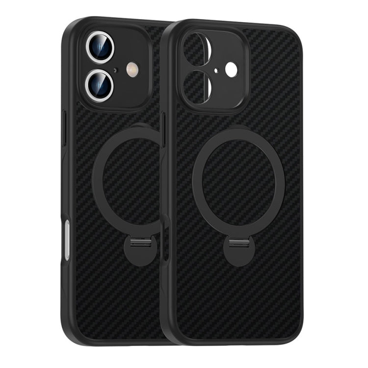 For iPhone 16 Carbon Fiber MagSafe 360 Degree Rotating Holder Phone Case(Black) by buy2fix