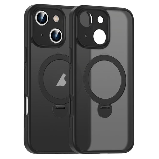 For iPhone 14 Plus Matte Texture 360 Degree Rotary Tone Holder MagSafe Phone Case(Black) - iPhone 14 Plus Cases by buy2fix | Online Shopping UK | buy2fix