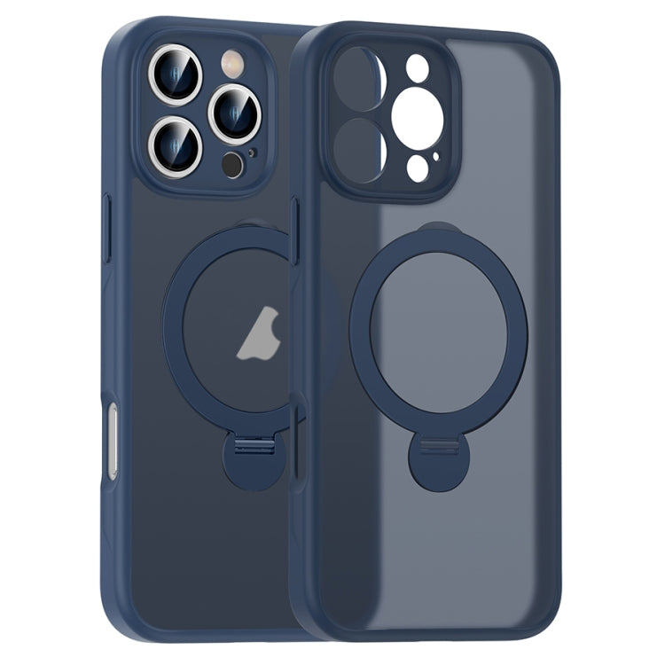 For iPhone 14 Pro Matte Texture 360 Degree Rotary Tone Holder MagSafe Phone Case(Dark Blue) - iPhone 14 Pro Cases by buy2fix | Online Shopping UK | buy2fix