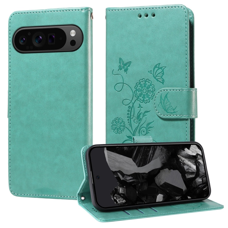 For Google Pixel 9 Pro XL Embossed Butterfly Flowers Leather Phone Case(Green) - Google Cases by buy2fix | Online Shopping UK | buy2fix