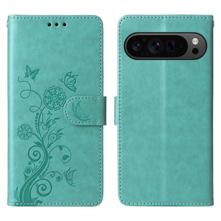 For Google Pixel 9 Pro XL Embossed Butterfly Flowers Leather Phone Case(Green) - Google Cases by buy2fix | Online Shopping UK | buy2fix