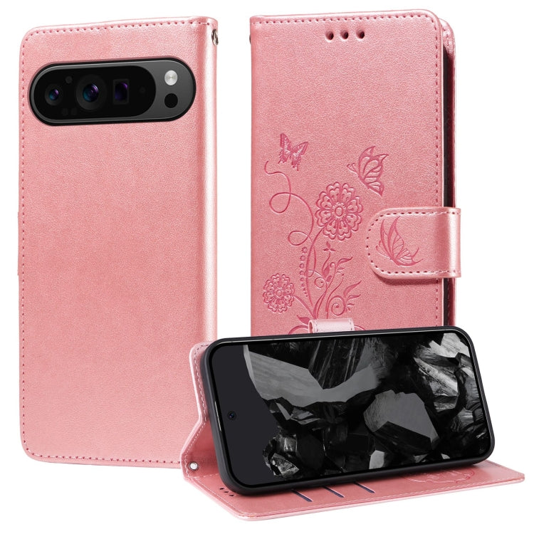 For Google Pixel 9 Pro XL Embossed Butterfly Flowers Leather Phone Case(Rose Gold) by buy2fix