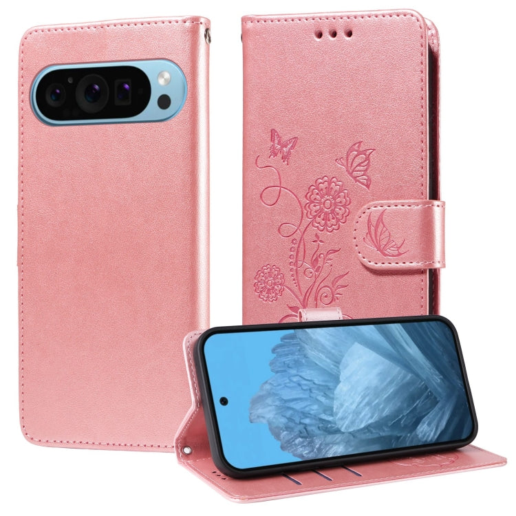 For Google Pixel 9 / 9 Pro Embossed Butterfly Flowers Leather Phone Case(Rose Gold) by buy2fix