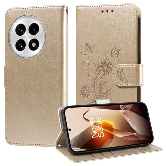 For OnePlus 13 Embossed Butterfly Flowers Leather Phone Case(Gold) by buy2fix