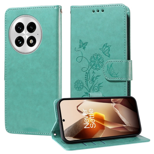 For OnePlus 13 Embossed Butterfly Flowers Leather Phone Case(Green) by buy2fix