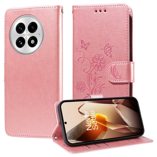 For OnePlus 13 Embossed Butterfly Flowers Leather Phone Case(Rose Gold) by buy2fix