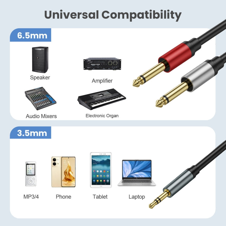 2m Gold Plated 3.5mm TRS Stereo to Dual 6.35mm TS Mono Y Splitter Adapter Audio Cable(Black) - Video & Audio Cable by buy2fix | Online Shopping UK | buy2fix