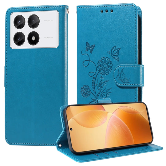 For Redmi K70 / K70 Pro Embossed Butterfly Flowers Leather Phone Case(Blue)