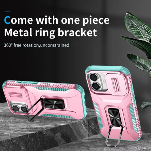 For iPhone 16 Sliding Camshield Holder Phone Case(Pink + Grey Green) by buy2fix