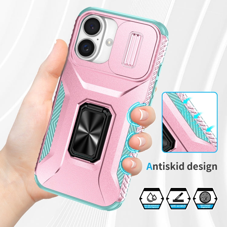 For iPhone 16 Sliding Camshield Holder Phone Case(Pink + Grey Green) - iPhone 16 Cases by buy2fix | Online Shopping UK | buy2fix