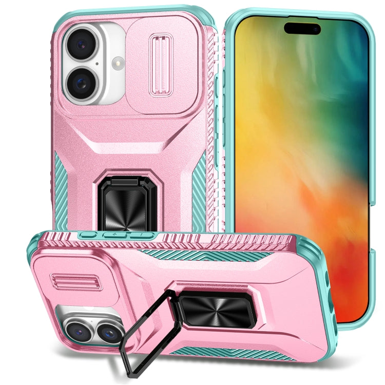 For iPhone 16 Plus Sliding Camshield Holder Phone Case(Pink + Grey Green) - iPhone 16 Plus Cases by buy2fix | Online Shopping UK | buy2fix