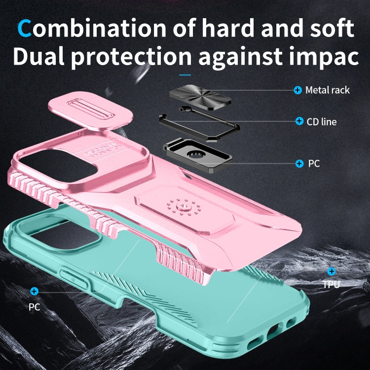 For iPhone 16 Plus Sliding Camshield Holder Phone Case(Pink + Grey Green) - iPhone 16 Plus Cases by buy2fix | Online Shopping UK | buy2fix