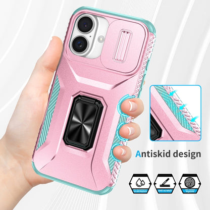 For iPhone 16 Plus Sliding Camshield Holder Phone Case(Pink + Grey Green) - iPhone 16 Plus Cases by buy2fix | Online Shopping UK | buy2fix