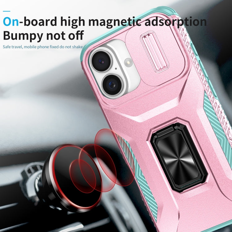 For iPhone 16 Plus Sliding Camshield Holder Phone Case(Pink + Grey Green) - iPhone 16 Plus Cases by buy2fix | Online Shopping UK | buy2fix