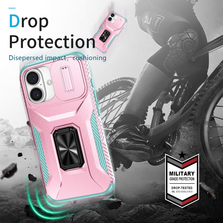 For iPhone 16 Plus Sliding Camshield Holder Phone Case(Pink + Grey Green) - iPhone 16 Plus Cases by buy2fix | Online Shopping UK | buy2fix