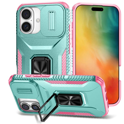 For iPhone 16 Plus Sliding Camshield Holder Phone Case(Grey Green + Pink) - iPhone 16 Plus Cases by buy2fix | Online Shopping UK | buy2fix