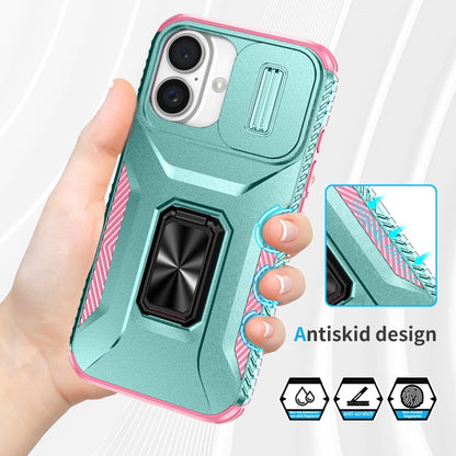 For iPhone 16 Plus Sliding Camshield Holder Phone Case(Grey Green + Pink) - iPhone 16 Plus Cases by buy2fix | Online Shopping UK | buy2fix