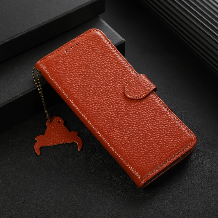 For Motorola Moto G35 Genuine Leather Litchi Texture RFID Leather Phone Case(Coffee) - Motorola Cases by buy2fix | Online Shopping UK | buy2fix