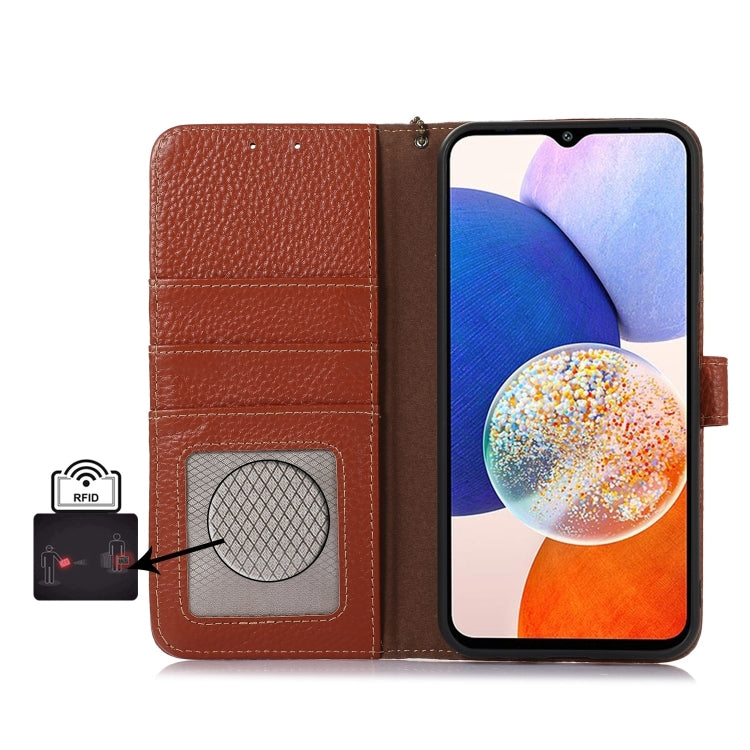 For Motorola Moto G35 Genuine Leather Litchi Texture RFID Leather Phone Case(Coffee) - Motorola Cases by buy2fix | Online Shopping UK | buy2fix