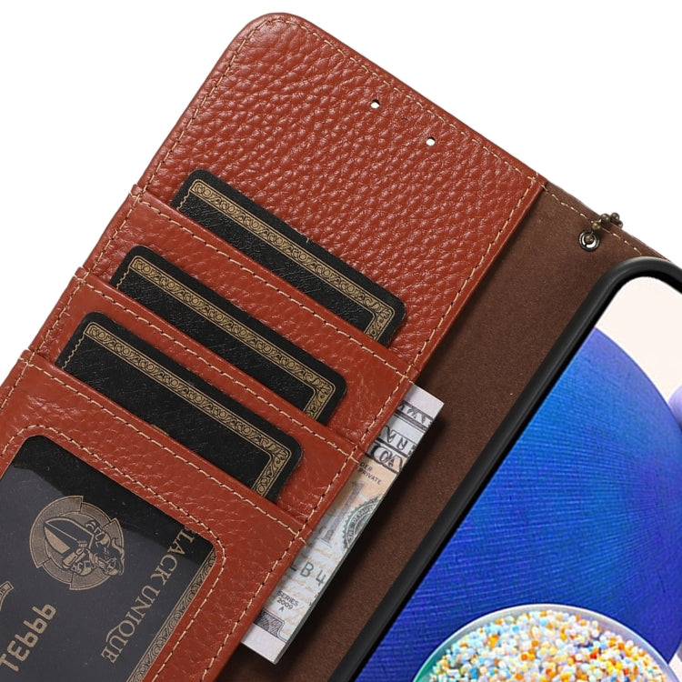 For Motorola Moto G35 Genuine Leather Litchi Texture RFID Leather Phone Case(Coffee) - Motorola Cases by buy2fix | Online Shopping UK | buy2fix