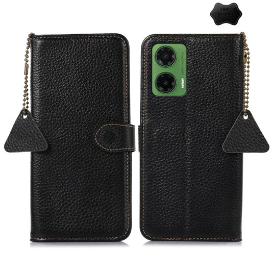 For Motorola Moto G35 Genuine Leather Litchi Texture RFID Leather Phone Case(Black) - Motorola Cases by buy2fix | Online Shopping UK | buy2fix