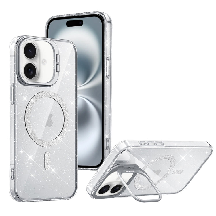 For iPhone 16 Shiny Shield MagSafe Lens Holder Phone Case(Silver) - iPhone 16 Cases by buy2fix | Online Shopping UK | buy2fix