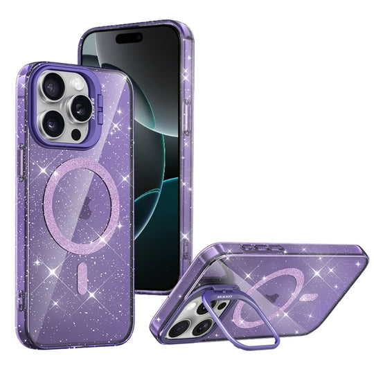 For iPhone 16 Pro Max Shiny Shield MagSafe Lens Holder Phone Case(Purple)