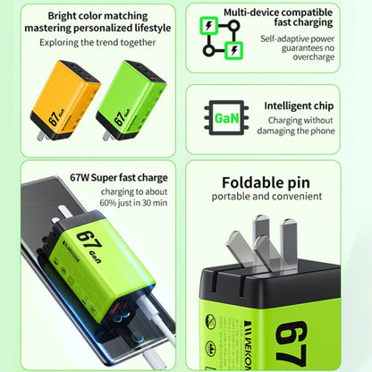 WK WP-U157 67W USB-C / Type-Cx2, USB GaN Fast Charger, Plug Type:UK Plug(Green) - USB Charger by WK | Online Shopping UK | buy2fix