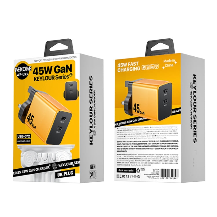 WK WP-U33 45W USB-C / Type-Cx2 GaN Fast Charger, Plug Type:UK Plug(Yellow) - USB Charger by WK | Online Shopping UK | buy2fix