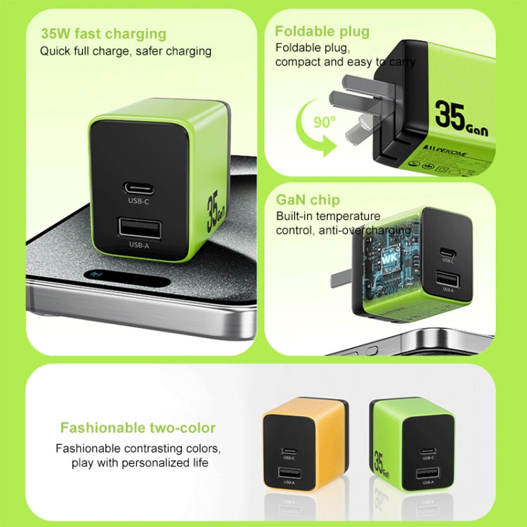 WK WP-U36 35W USB-C / Type-C, USB GaN Fast Charger, Plug Type:UK Plug(Yellow) - USB Charger by WK | Online Shopping UK | buy2fix