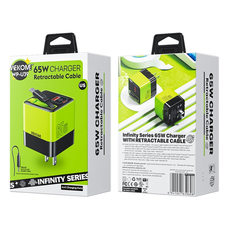 WK WP-U39 65W USB-C / Type-C, USB GaN Fast Charger with 80cm Type-C Cable, Plug Type:US Plug(Green) - USB Charger by WK | Online Shopping UK | buy2fix